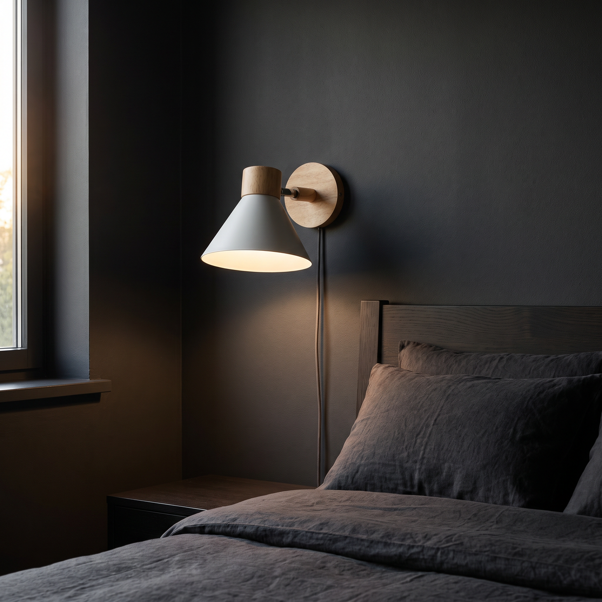 Cone Shade Wood Mount Wall Lamp in a dark modern bedroom