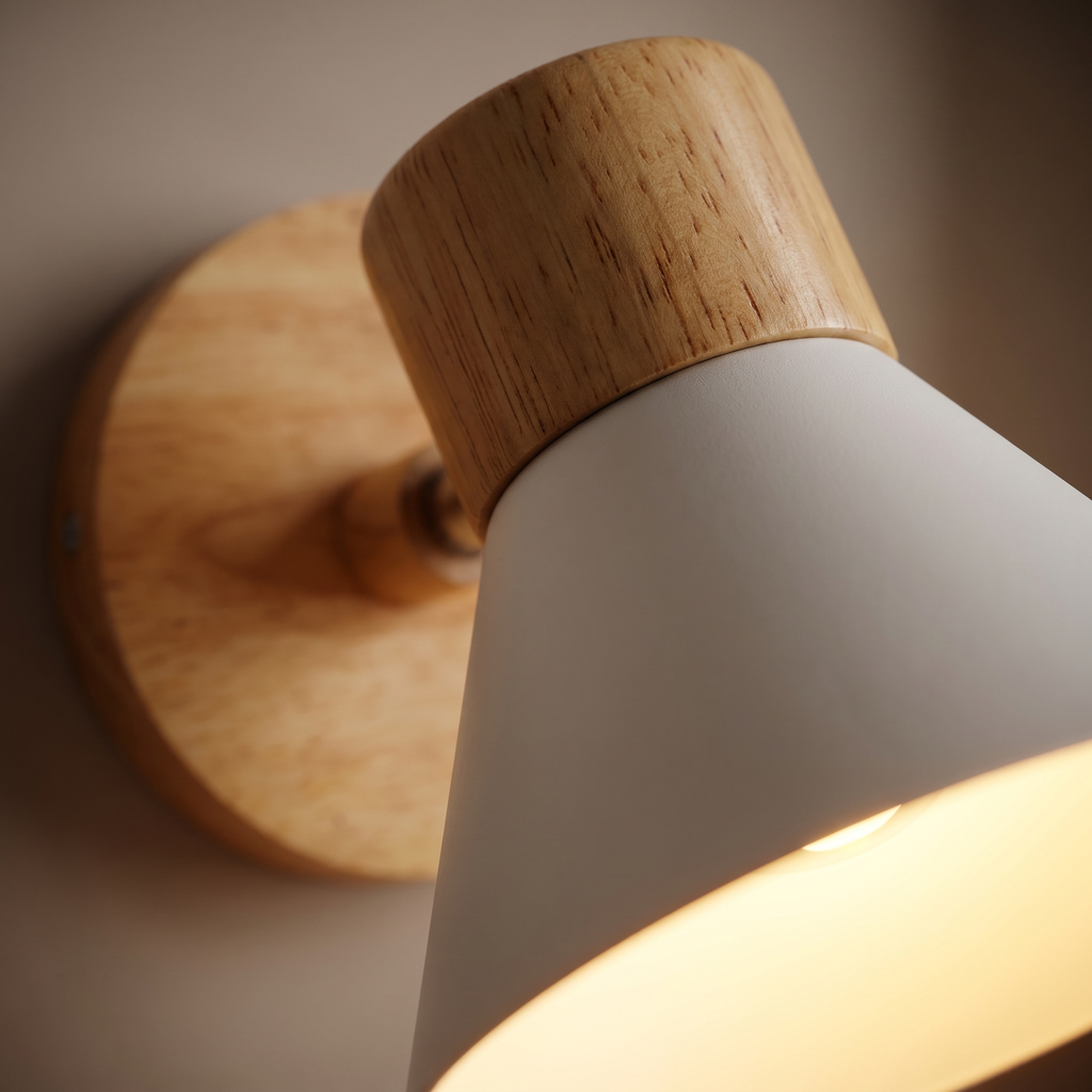 Cone Shade Wood Mount Wall Lamp close-up of the wood mount and cone shade