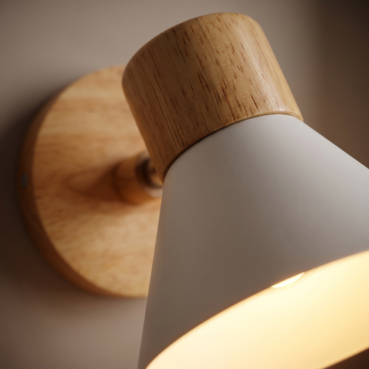 Cone Shade Wood Mount Wall Lamp close-up of the wood mount and cone shade