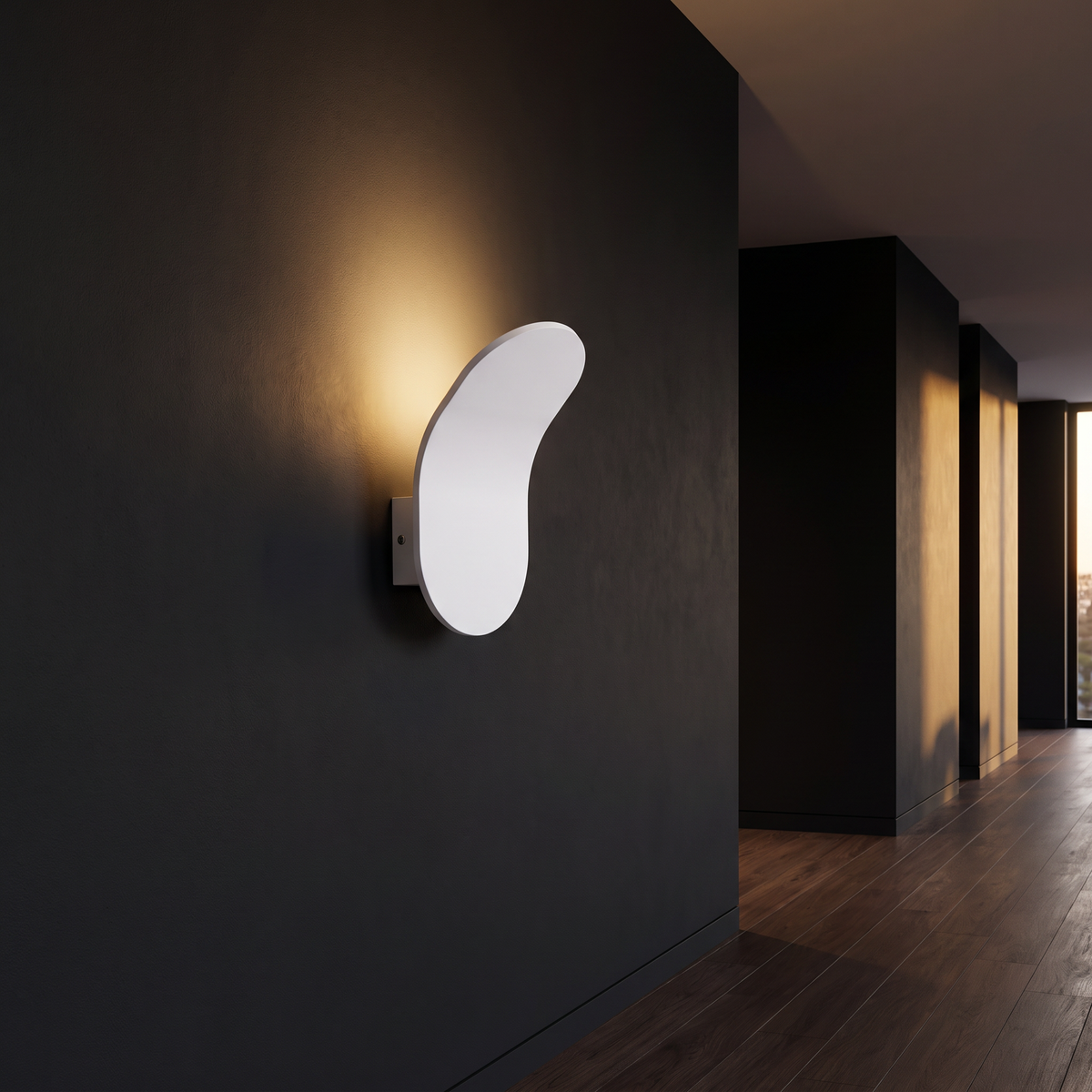 Curved LED Wall Sconce in a dark modern hallway