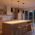 Wood and Metal Cylinder Pendant Light in a kitchen, showing size