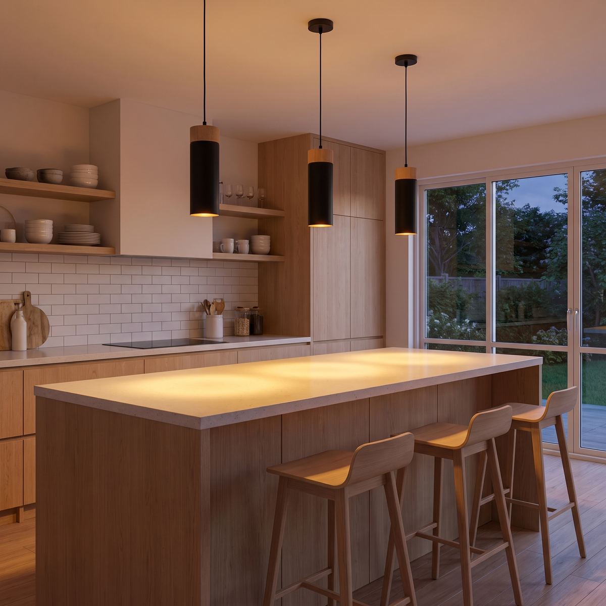 Wood and Metal Cylinder Pendant Light in a kitchen, showing size