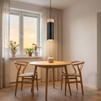 Wood and Metal Cylinder Pendant Light in a dining nook