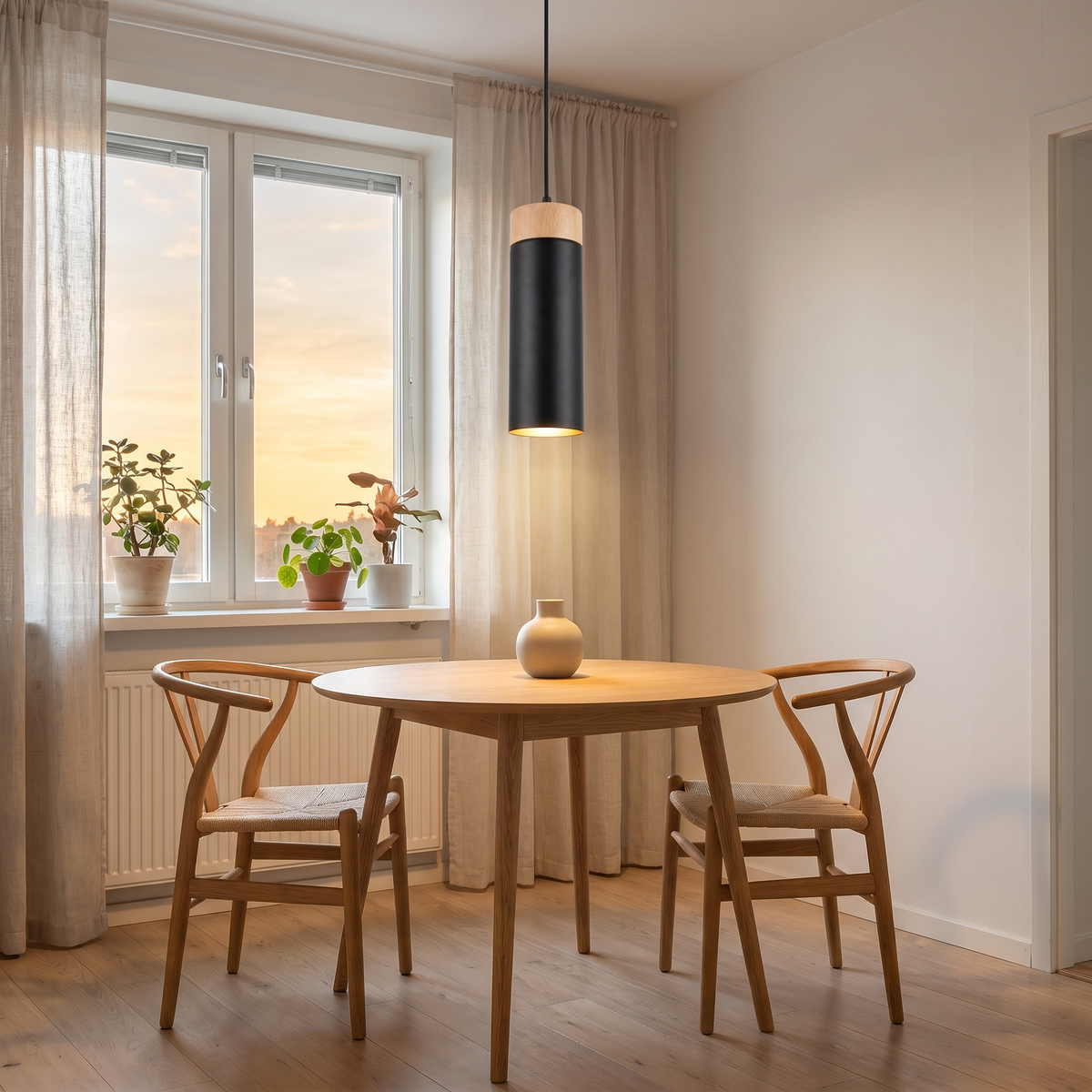 Wood and Metal Cylinder Pendant Light in a dining nook