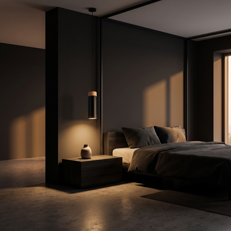 Wood and Metal Cylinder Pendant Light in a dark modern bedroom