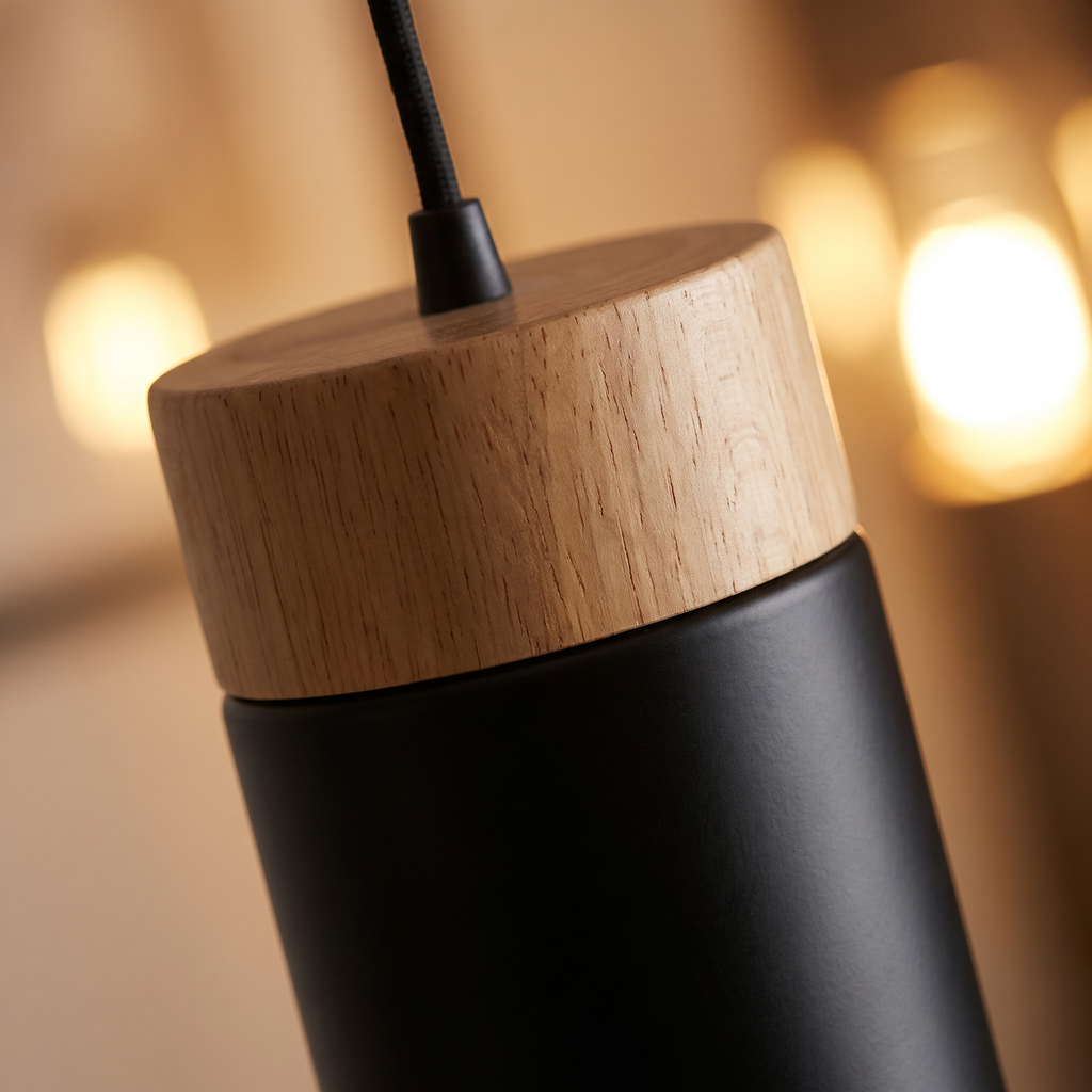 Wood and Metal Cylinder Pendant Light close-up of the wood cap and metal shade