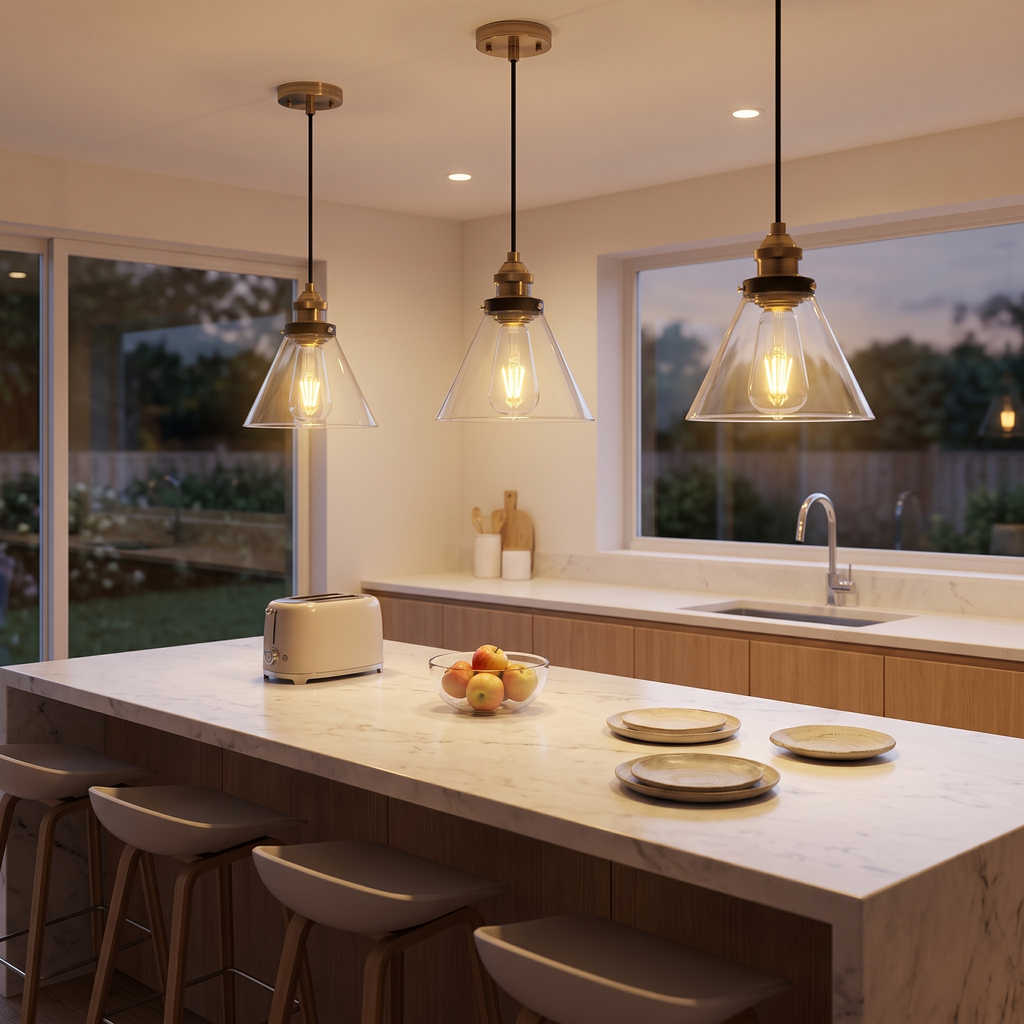 Clear Glass Bell Pendant Light over a kitchen island, showing size