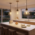 Clear Glass Bell Pendant Light over a kitchen island, showing size