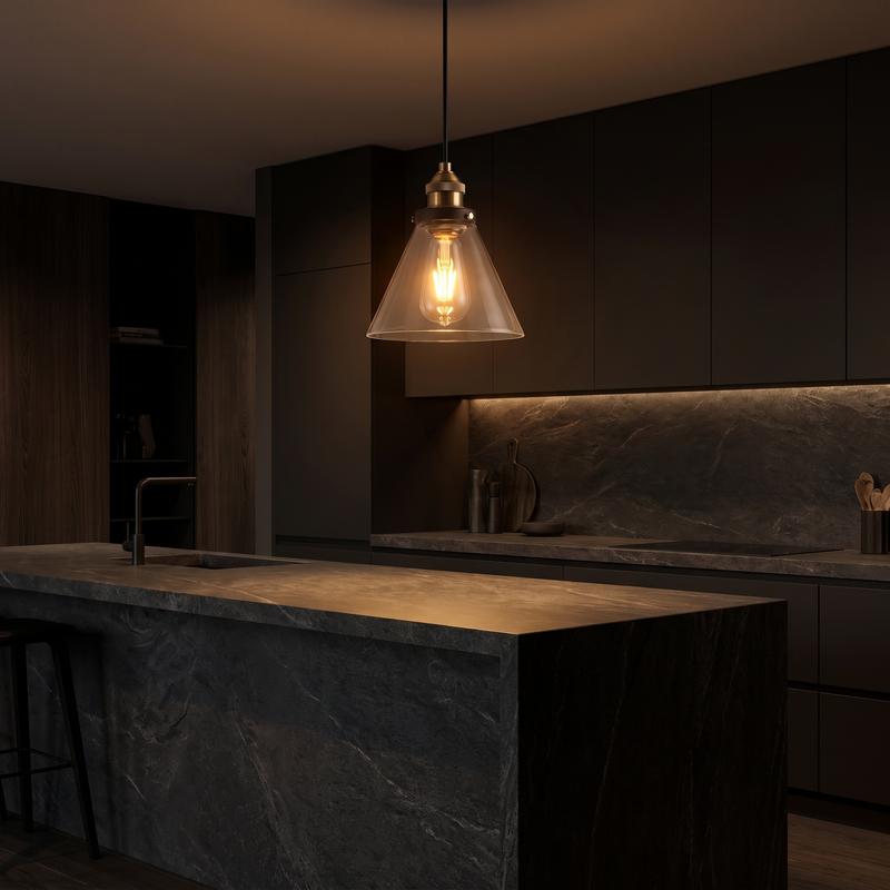 Clear Glass Bell Pendant Light in a dark modern kitchen
