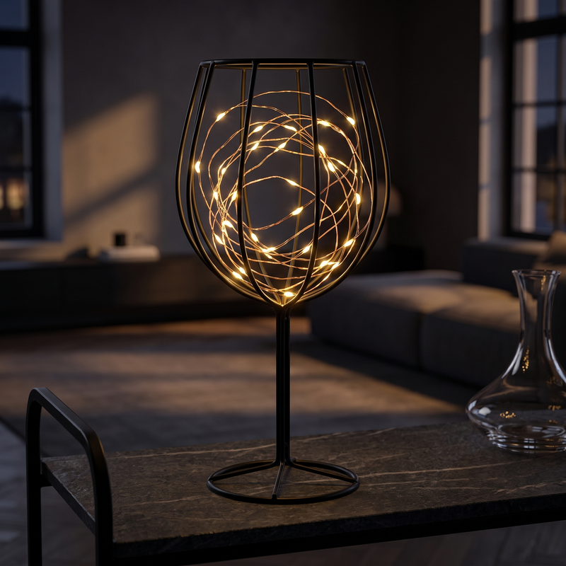 Wire Cage Battery Accent Lamp in a dark modern living room