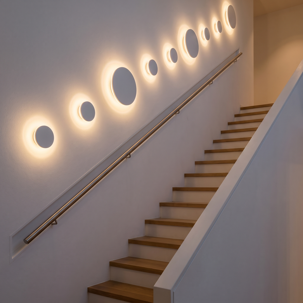 Eclipse Round LED Wall Light on a staircase wall, showing size