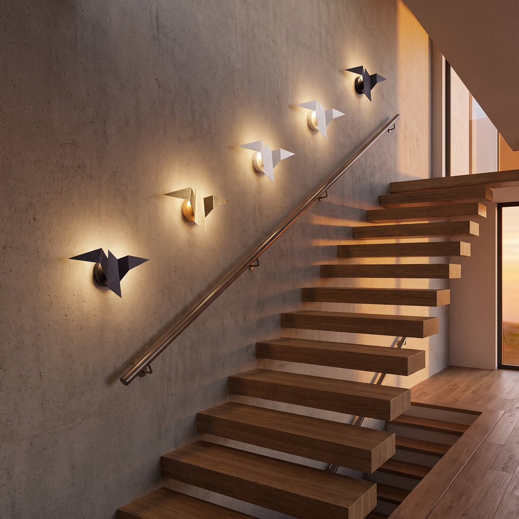 Origami Bird Wall Sconce on a staircase wall, showing size