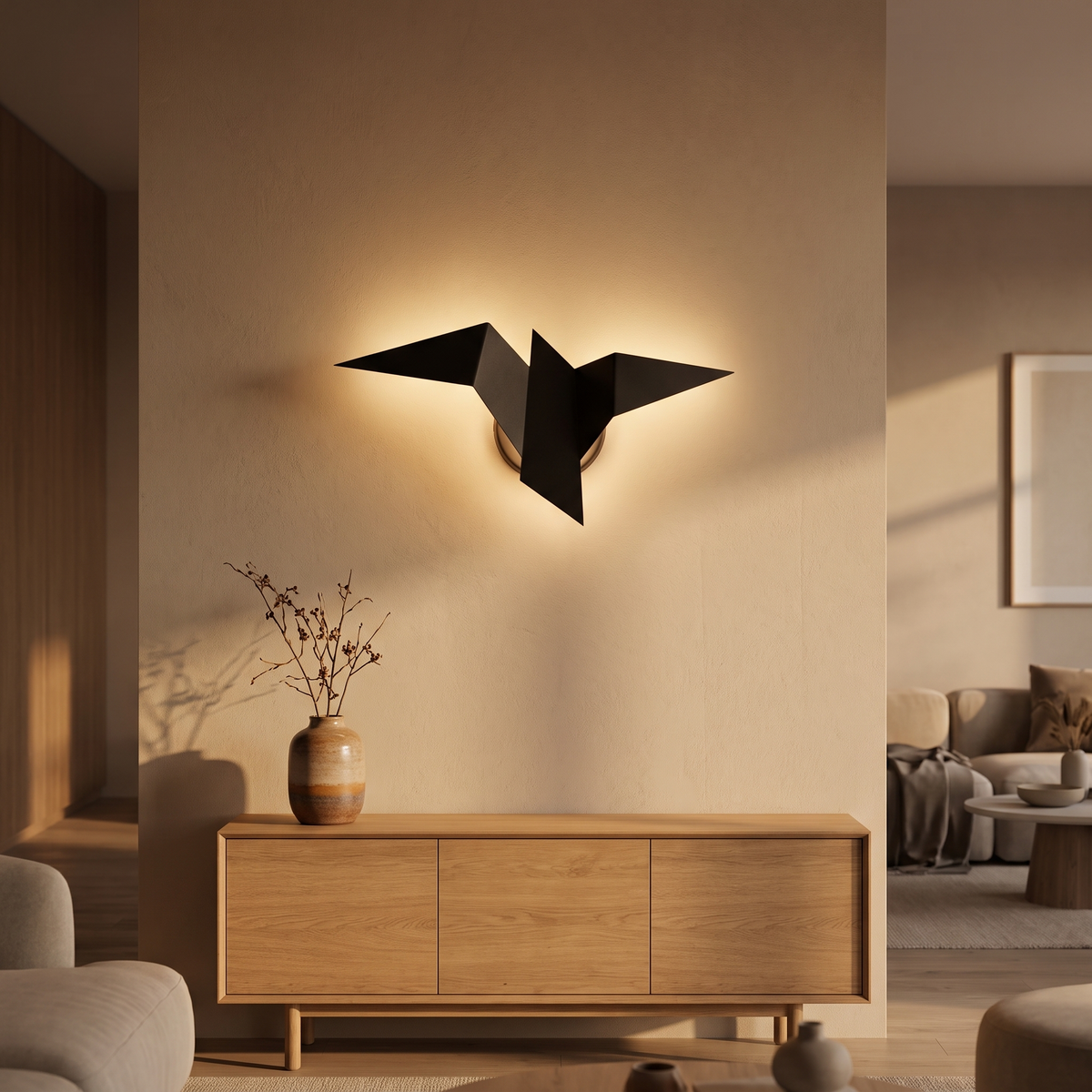 Origami Bird Wall Sconce in a living room