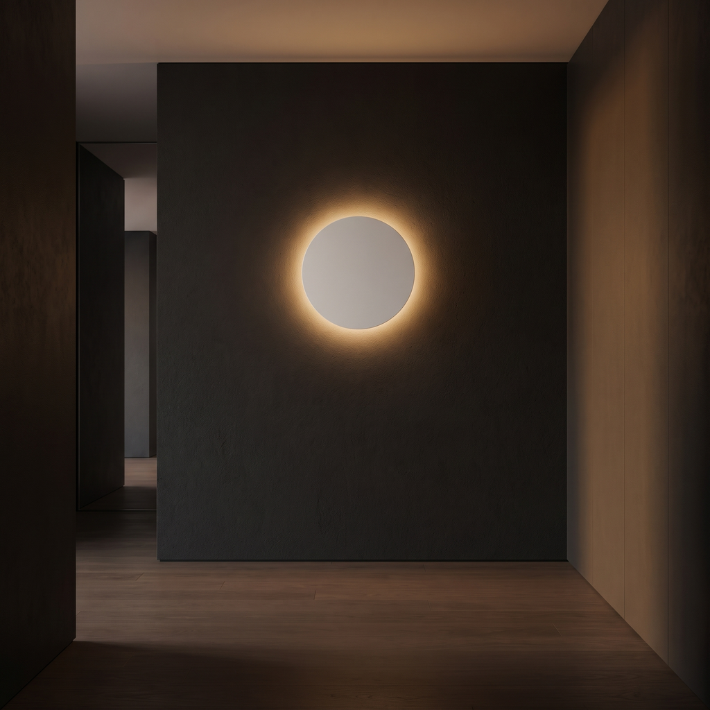 Eclipse Round LED Wall Light in a dark modern hallway