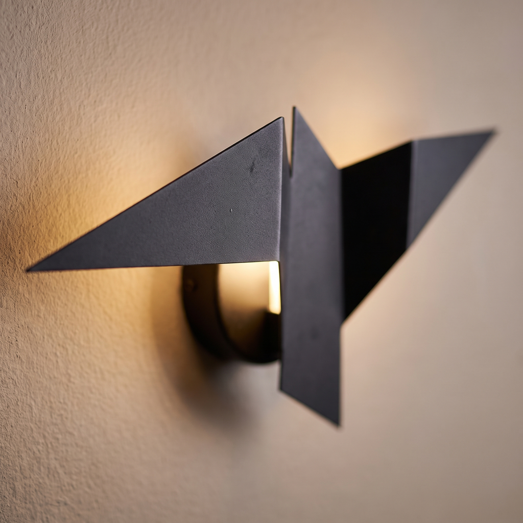 Origami Bird Wall Sconce close-up of the folded metal wings and halo glow