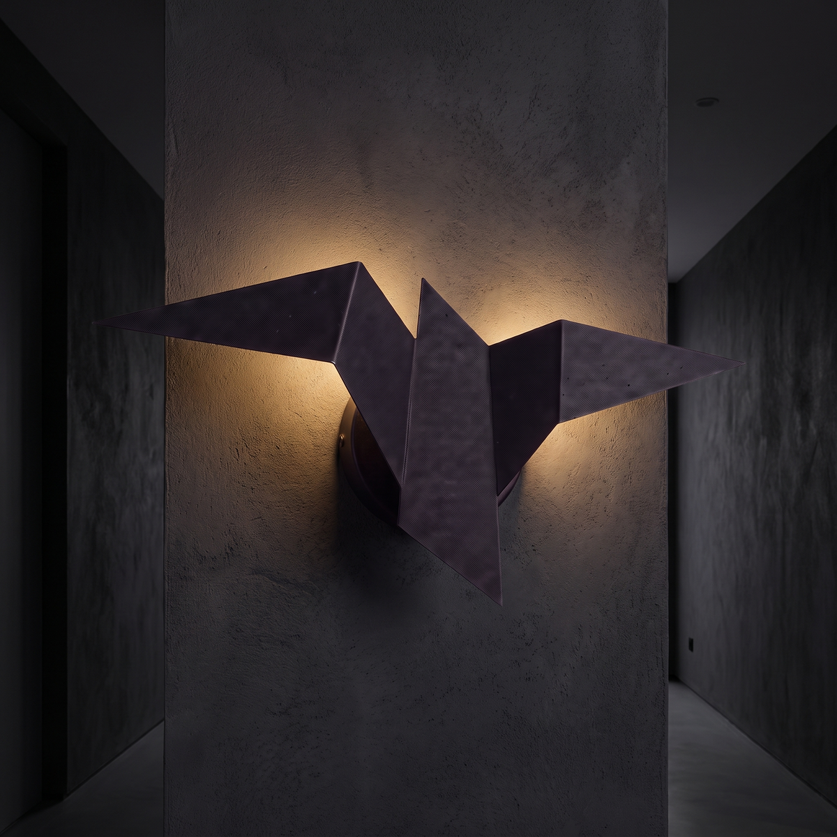 Origami Bird Wall Sconce in a dark modern hallway