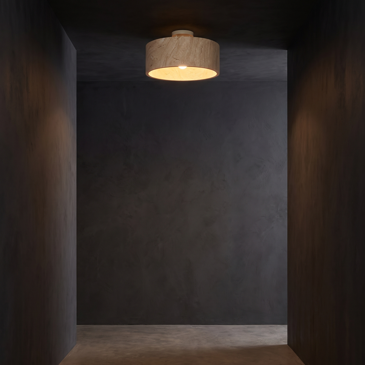 Stone Drum Flush Mount Ceiling Light in a dark modern hallway