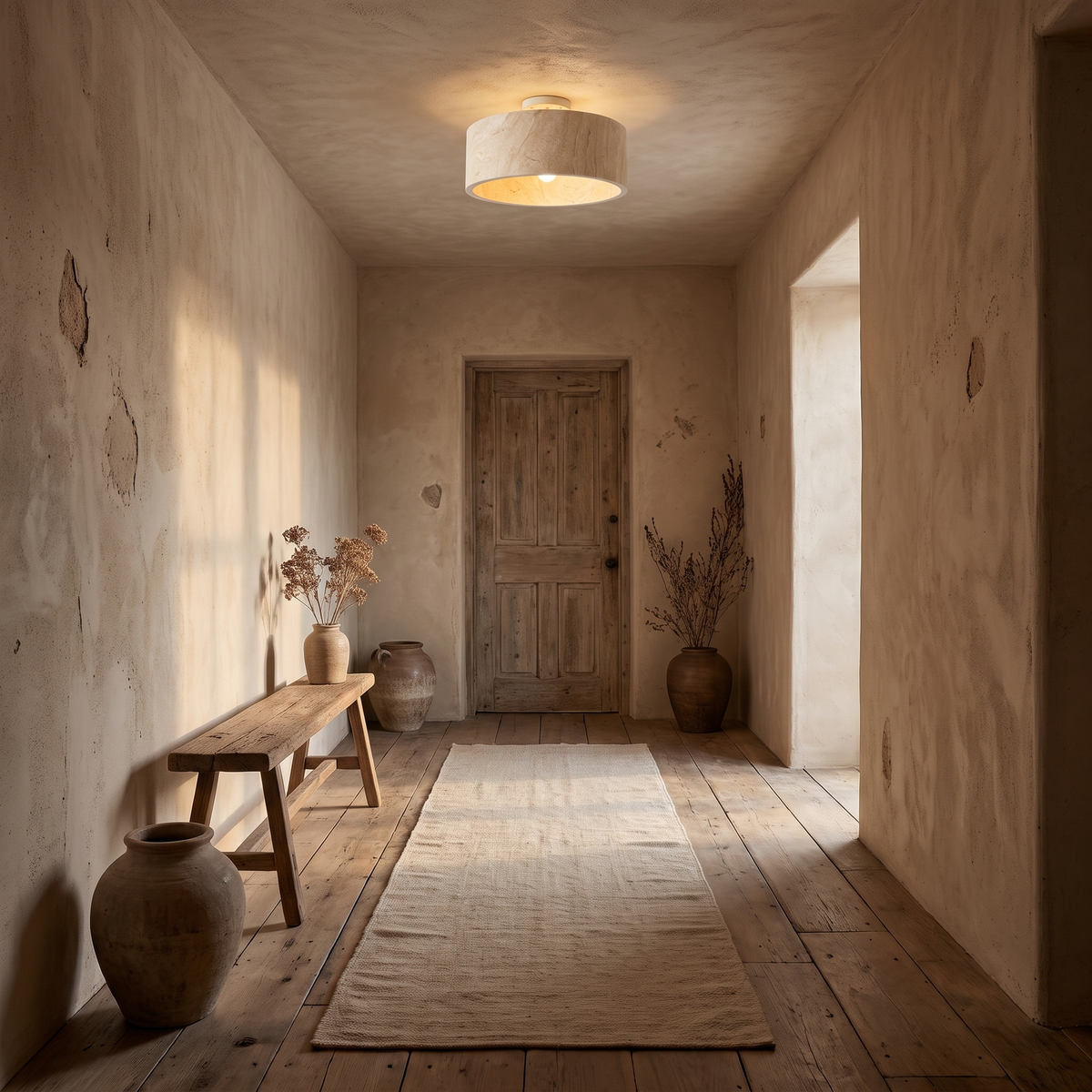 Stone Drum Flush Mount Ceiling Light in a hallway, showing size