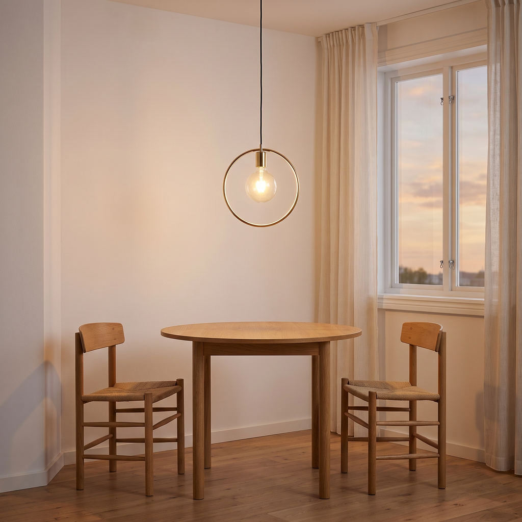 Gold Circle Pendant Light in a Scandinavian dining nook
