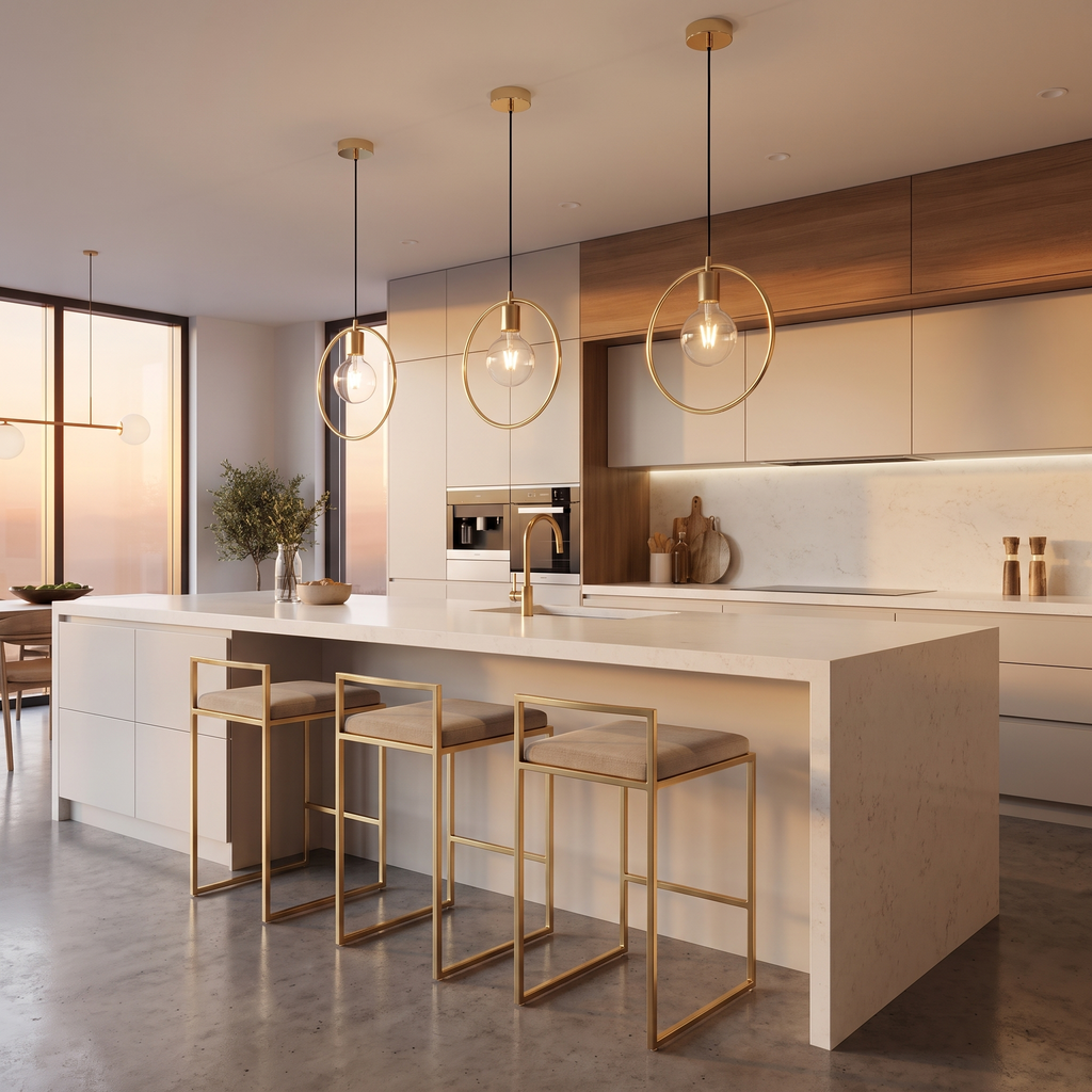 Gold Circle Pendant Light in a kitchen over an island, showing size