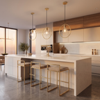 Gold Circle Pendant Light in a kitchen over an island, showing size