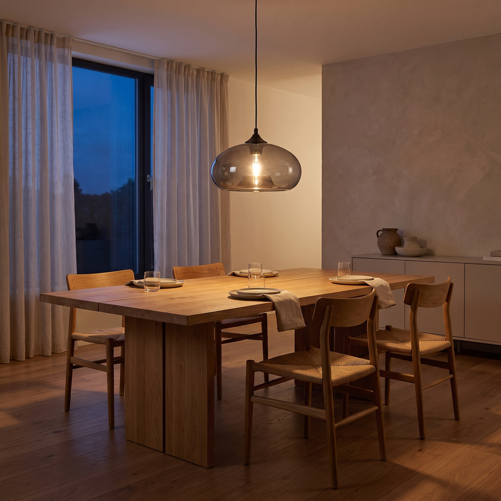 Oval Colored Glass Pendant Light in a dining room, showing size