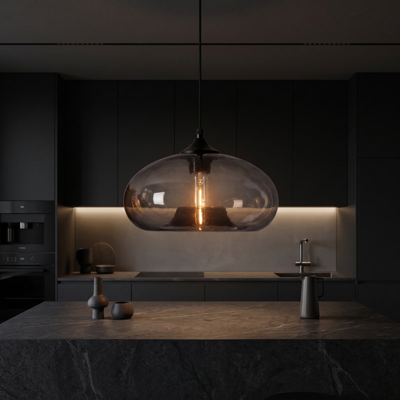 Oval Colored Glass Pendant Light in a dark modern kitchen
