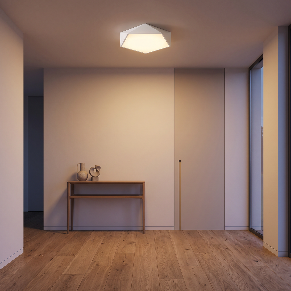 Geometric Pentagon LED Ceiling Light in a hallway, showing size