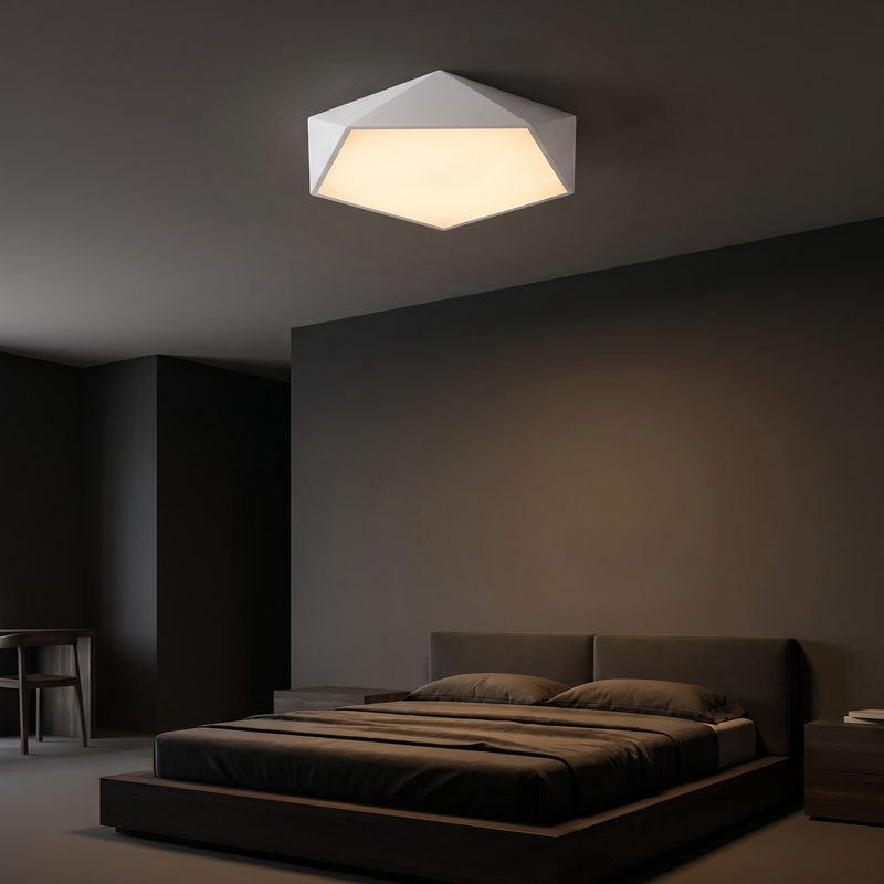 Geometric Pentagon LED Ceiling Light in a dark modern bedroom