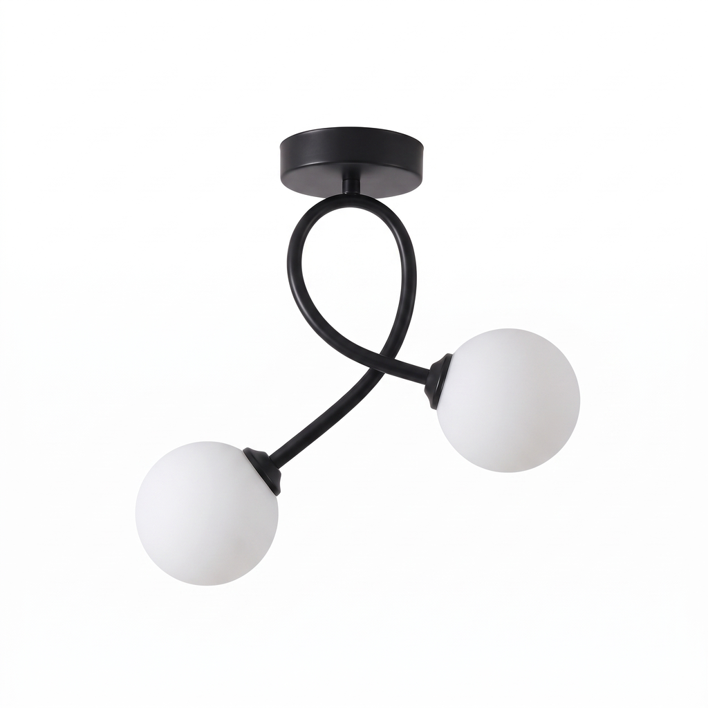 Curved Two-Light Glass Globe Ceiling Light in Black on white background
