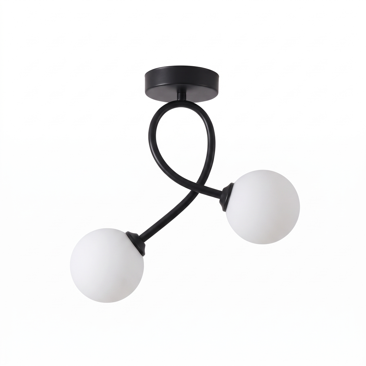 Curved Two-Light Glass Globe Ceiling Light in Black on white background