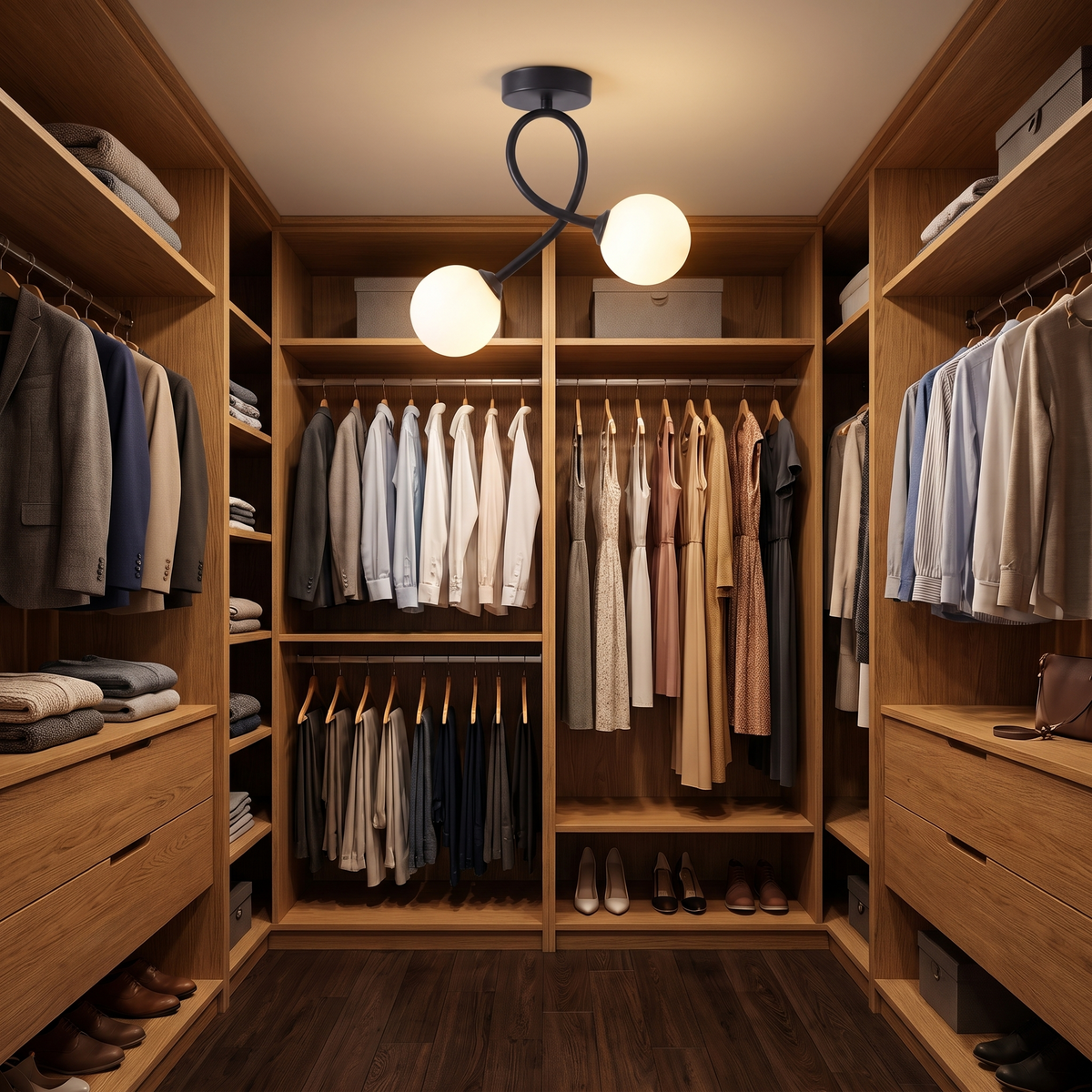 Curved Two-Light Glass Globe Ceiling Light in a walk-in closet