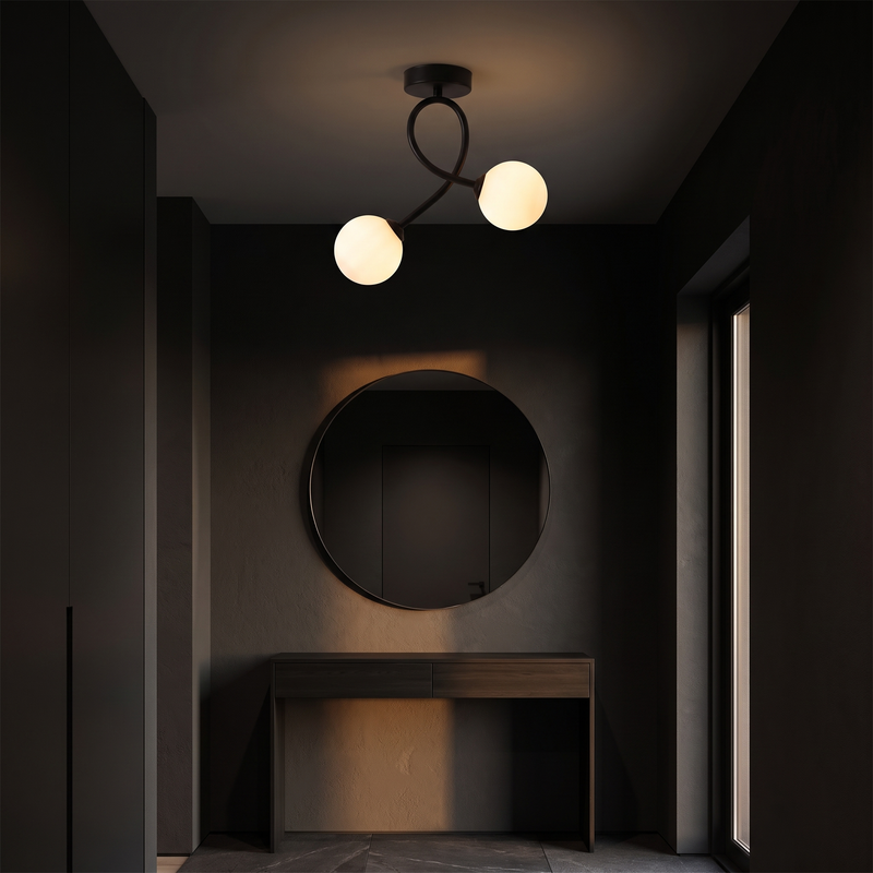 Curved Two-Light Glass Globe Ceiling Light in a dark modern hallway