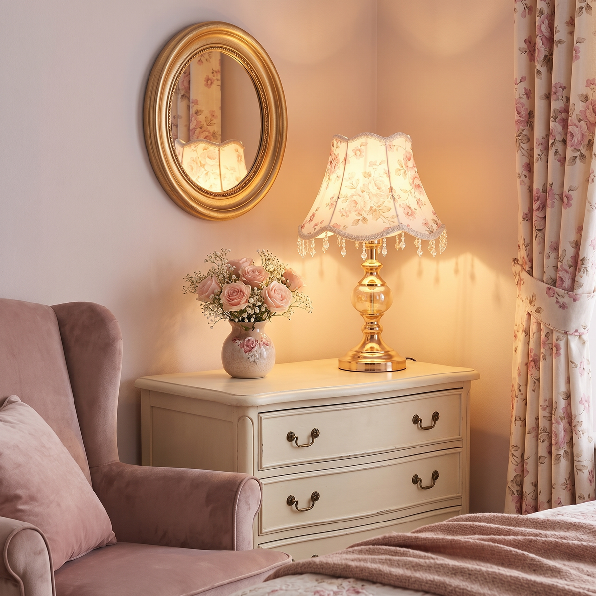 Floral Fabric Shade Table Lamp on a dresser