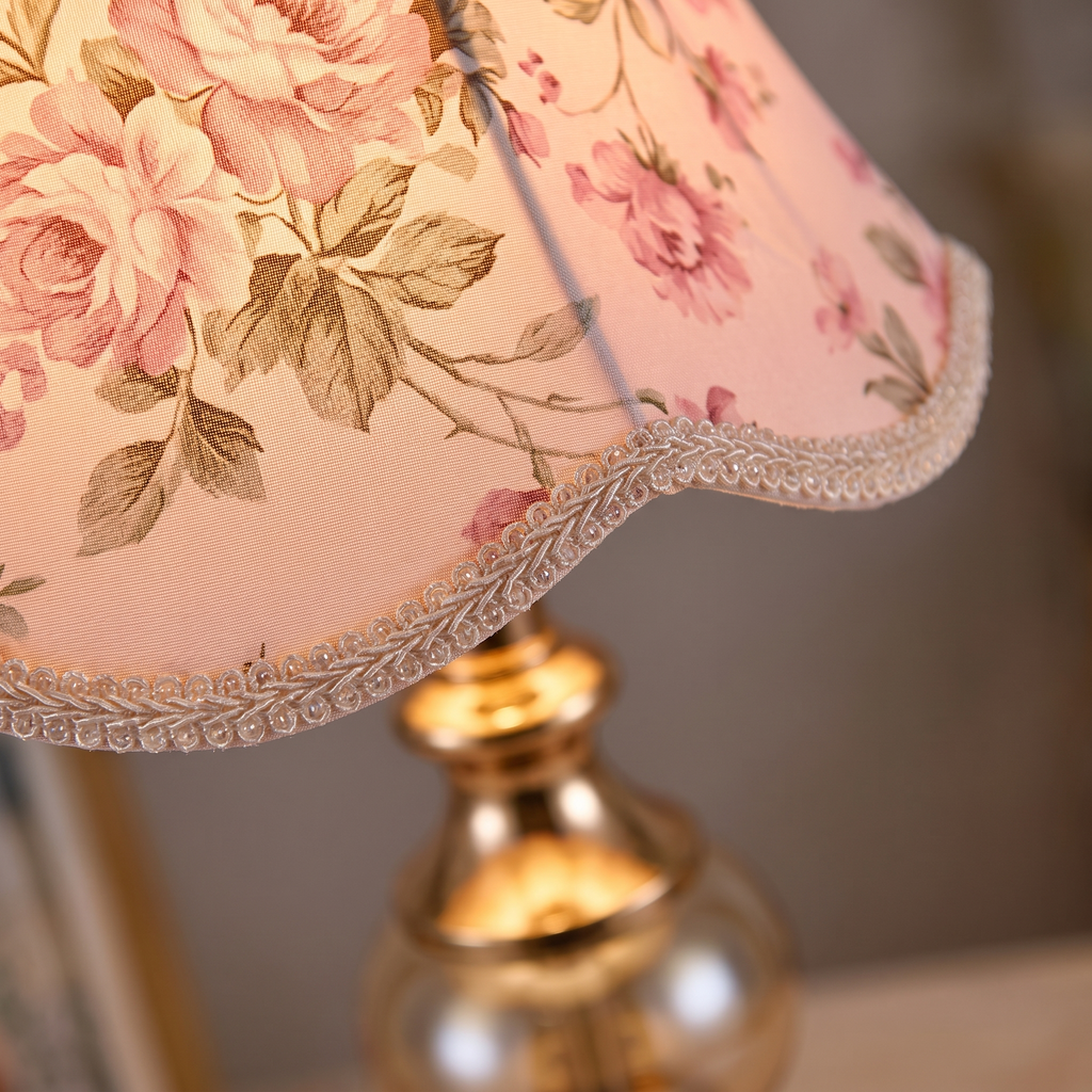 Floral Fabric Shade Table Lamp close-up of the scalloped floral shade