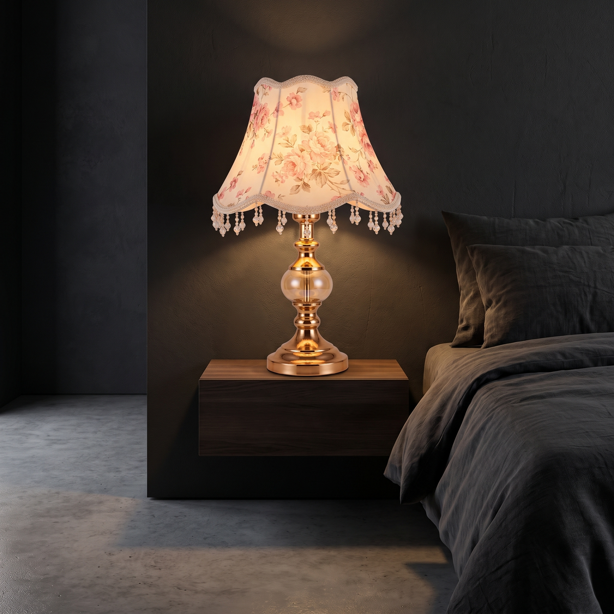 Floral Fabric Shade Table Lamp in a dark modern bedroom