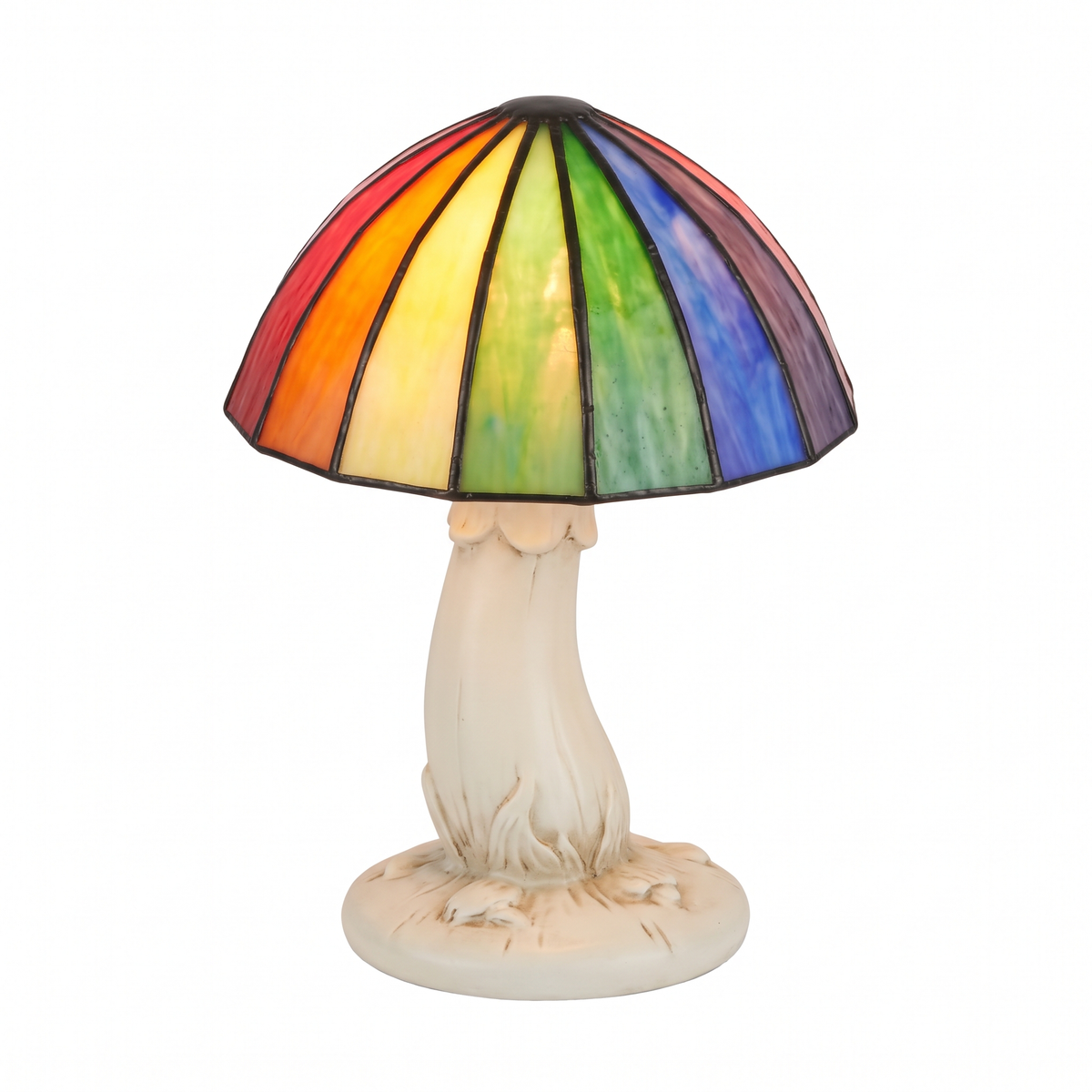 Stained Glass Style Mushroom Lamp in Rainbow on white background