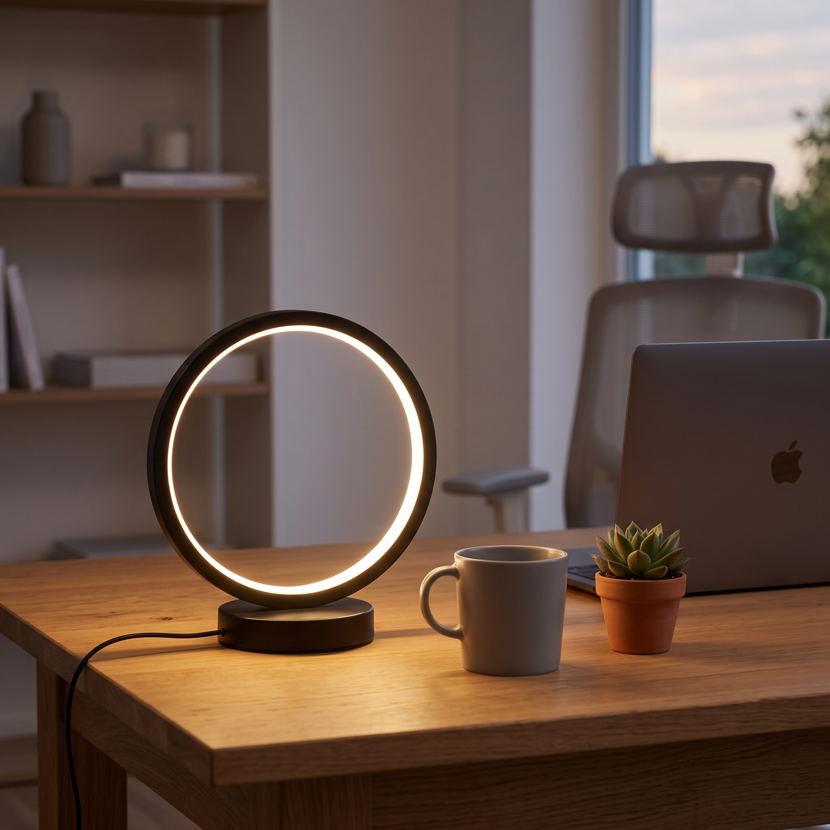 Halo Ring LED Table Lamp in a home office, showing size
