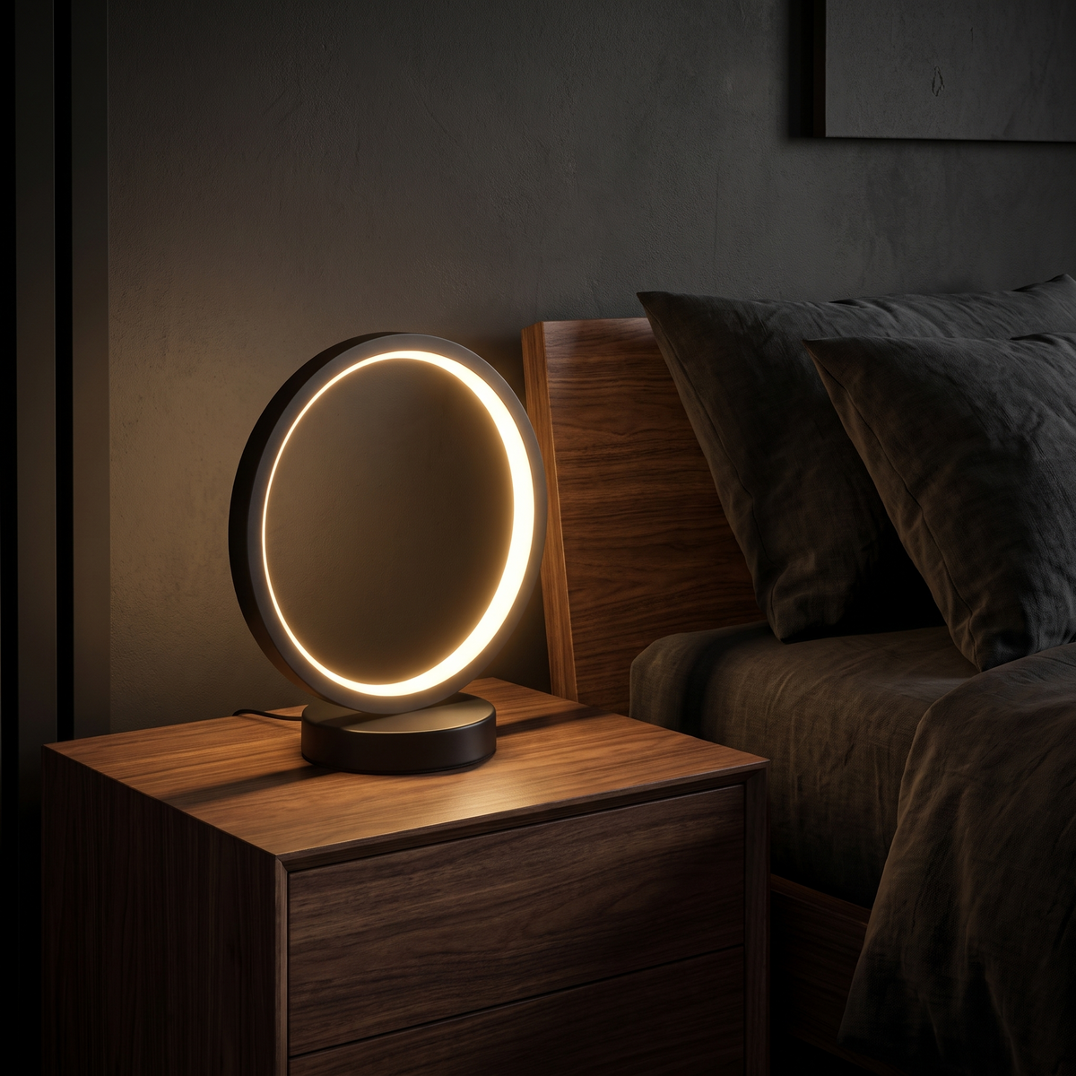 Halo Ring LED Table Lamp in a dark modern bedroom
