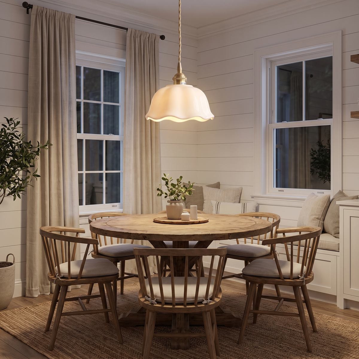 Scalloped Ceramic Pendant Light in a dining nook, showing size