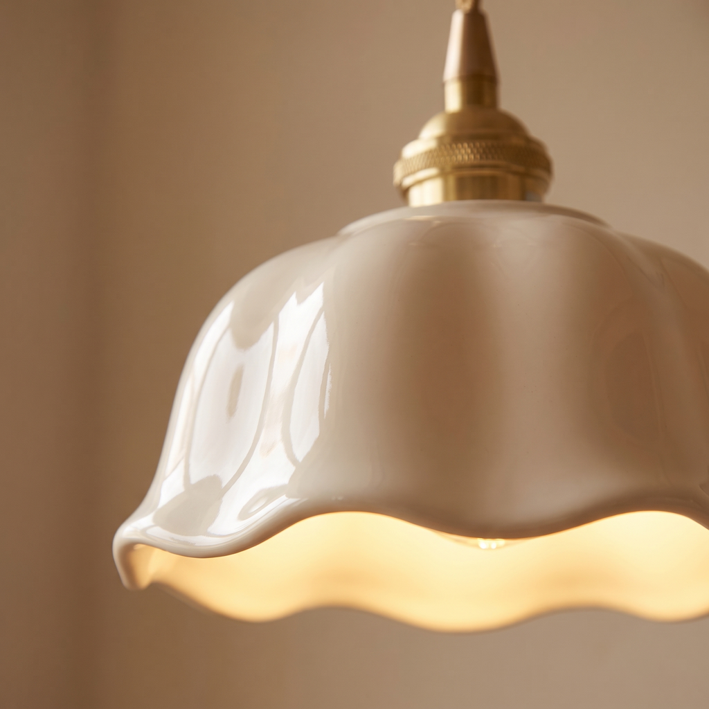 Scalloped Ceramic Pendant Light close-up of the glazed scalloped rim