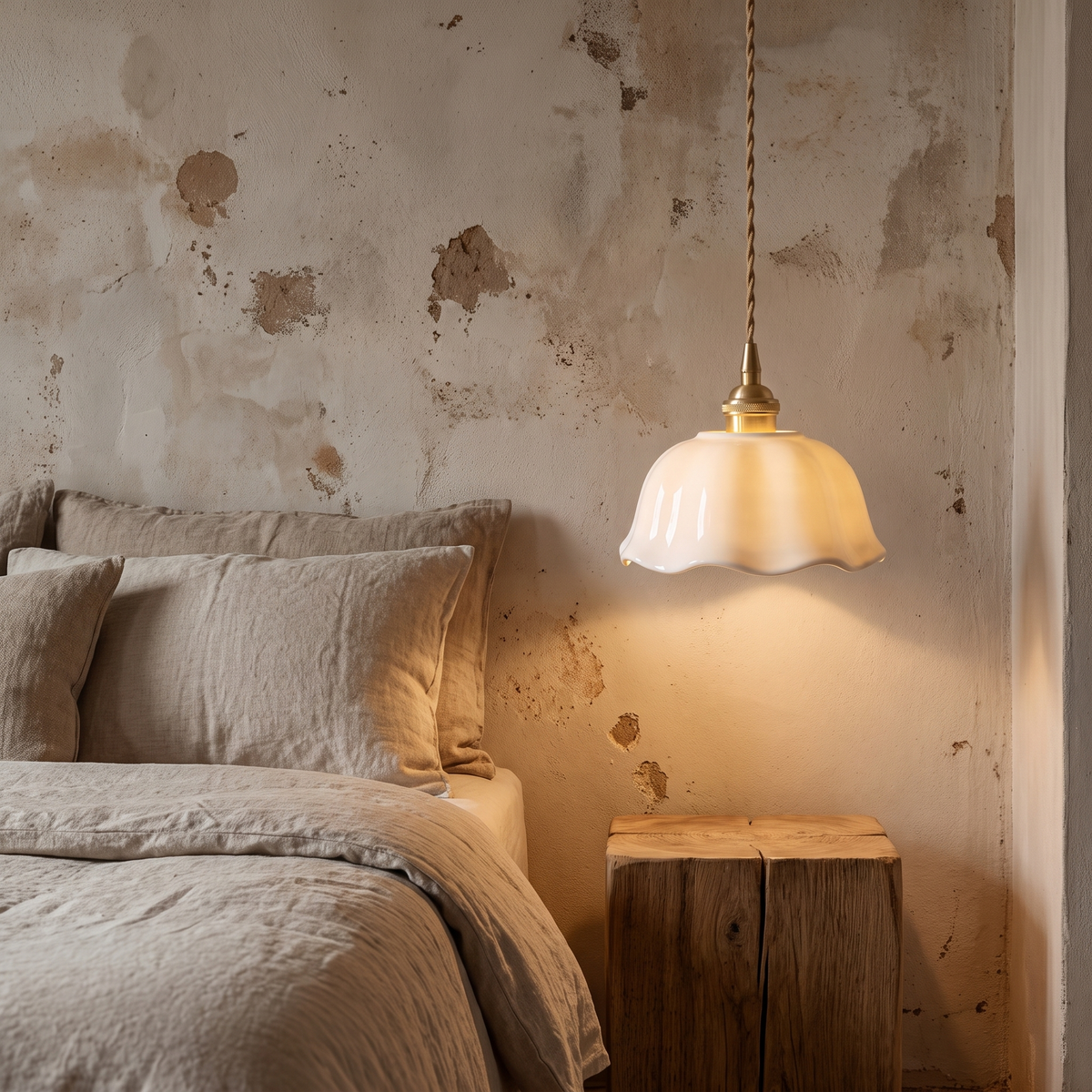 Scalloped Ceramic Pendant Light beside a bed
