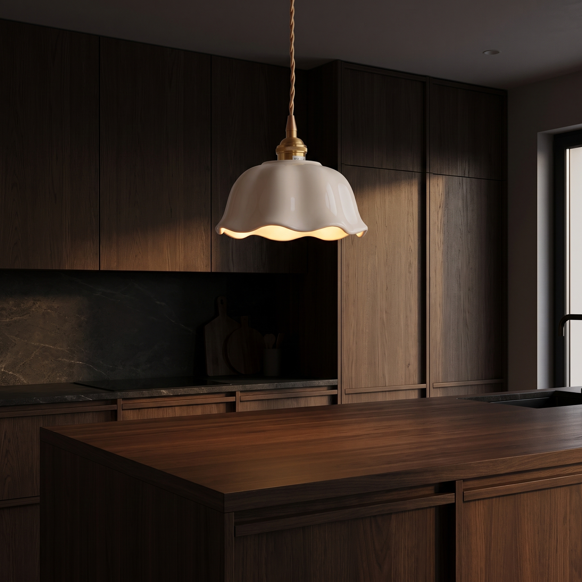 Scalloped Ceramic Pendant Light in a dark modern kitchen
