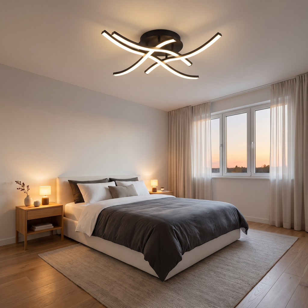 Wave LED Semi Flush Ceiling Light in a bedroom, showing size