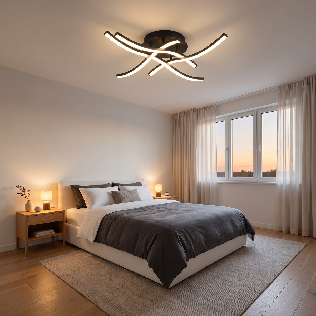 Wave LED Semi Flush Ceiling Light in a bedroom, showing size