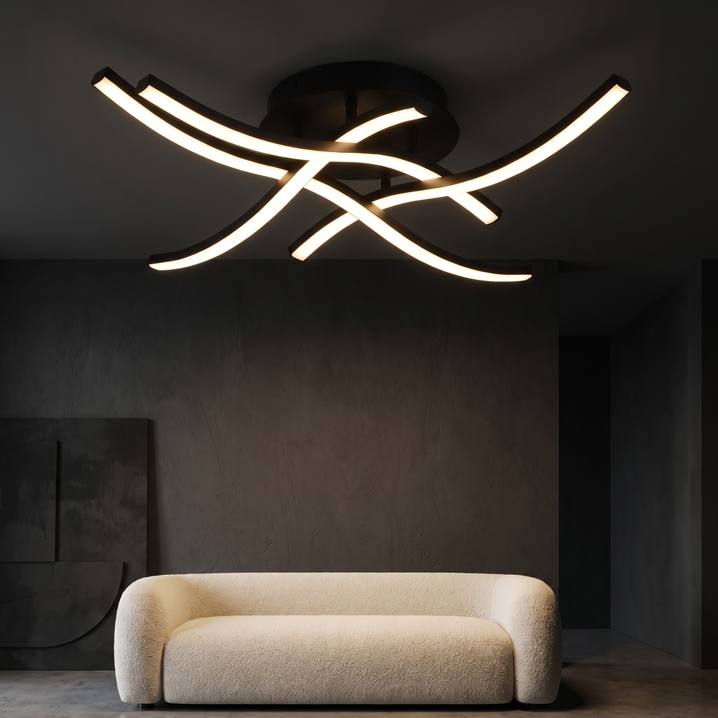 Wave LED Semi Flush Ceiling Light in a dark modern living room