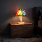 Stained Glass Style Mushroom Lamp in a dark modern bedroom