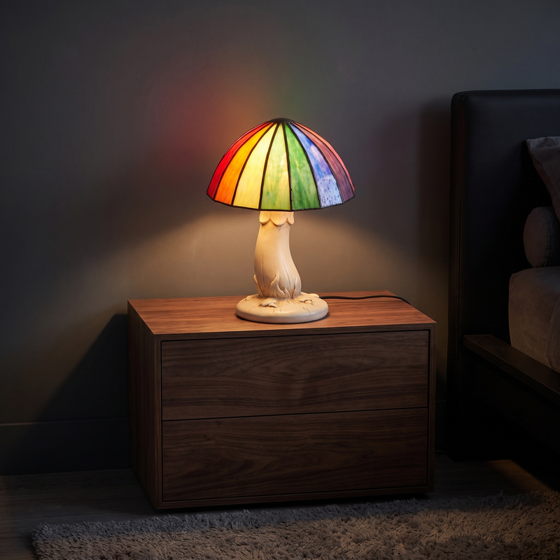 Stained Glass Style Mushroom Lamp in a dark modern bedroom