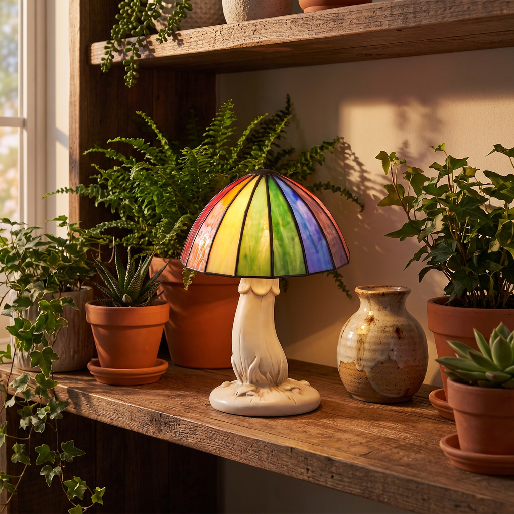 Stained Glass Style Mushroom Lamp in a reading nook