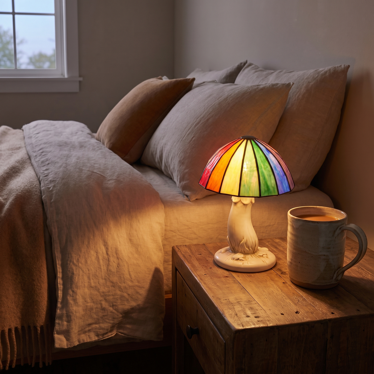 Stained Glass Style Mushroom Lamp in a bedroom, showing size